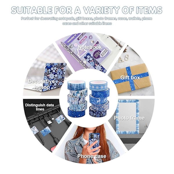 10 Rullar Jul Washi Tejp Set, Dekorativ Washi Tejp med Flera Mönster i Blått för DIY Hantverk, Festivalpresentinslagning (LGL)