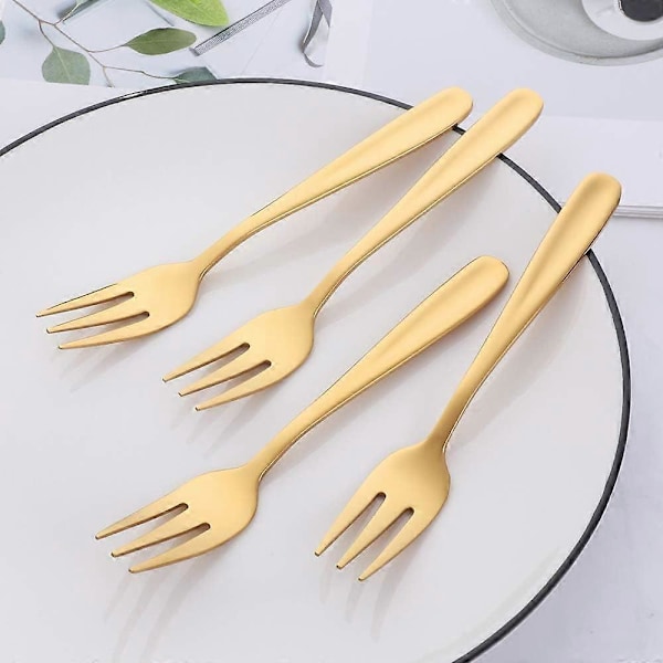 Kakegaffel i rustfritt stål med 3 tenner, fruktgaffel, 8-delt gullgaffelsett, speilpolert, perfekt for bryllup, fest, dessert (LGL)