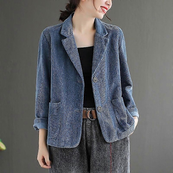Vintage Dame Cordfløyelsjakke Vår Høst Kåpe Damer Casual Yttertøy Kvinner Langermet Løs Enkelkneppet Blazer LGL blue M