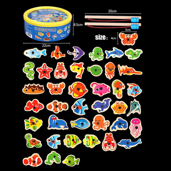 Lasten lahja, 41 kpl kalapuinen magneettinen set Kalapeli, opettavainen kalastuslelu[GL] Multi-color