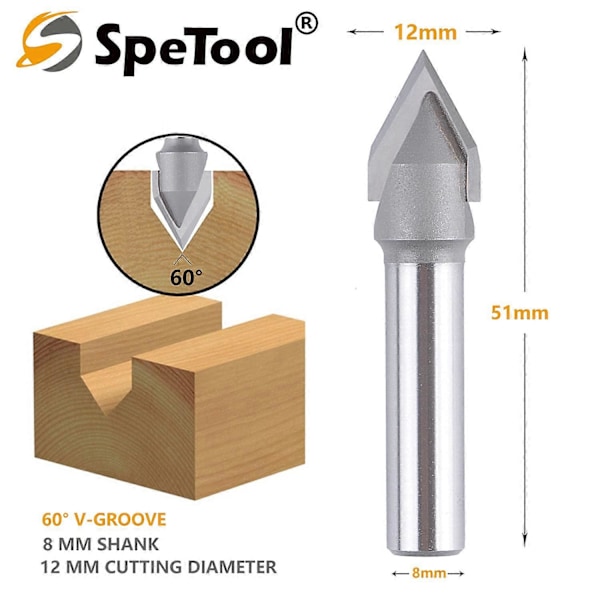 Fasfräsar 60 Grader V Skärdiameter: 12mm Skaft: 8mm CNC Fräs Skaftfräs för Ådror, Fasningar och V-spår (LGL)