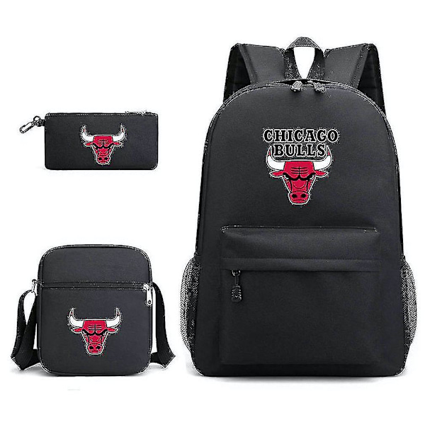 3 stk./sæt Basketball Star Skole Taske Chicago Bulls Holdet Satchel Rygsæk Med Blyant Taske Messenger Taske [L]