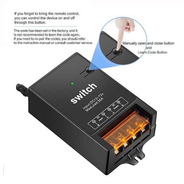 12v fjernbetjeningsswitch med 30A relæ, DC 72v 60v 48v 36v 24v 12v trådløs switch til lys, lampe [LGL] Black