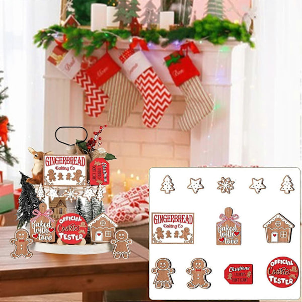 12-delars Juldekorationsset med Bricka, Vinter Pepparkaksgubbe Tema Träbordskyltar för Hemfesttillbehör, Bricka Ingår Ej (LGL)