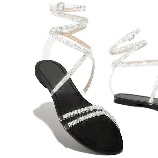 Dame Sommer Ankelrem Glitter Gladiator Sandaler Stroppy Slippers Flade Sko LGL black 40