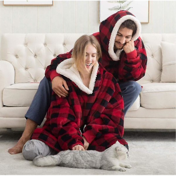Genserteppe Oversized Hettegenser Brukbart Teppe Mykt Varmt Komfortabelt Stor Frontlomme LGL Red and black check