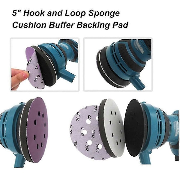 6 stk. 5 tommer (125 mm) 8-hullers blød svampeinterfacepad til slibepuder og velcro-slibeskiver Fo LGL