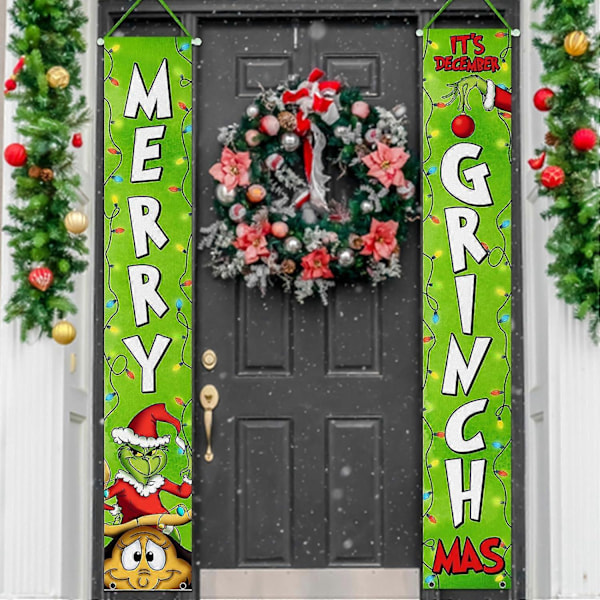 God Jul Banner Skylt för Veranda, Dekorativ Hängande Välkomstbanner för Jul Grön Ytterdörr, Partydekoration (LGL)
