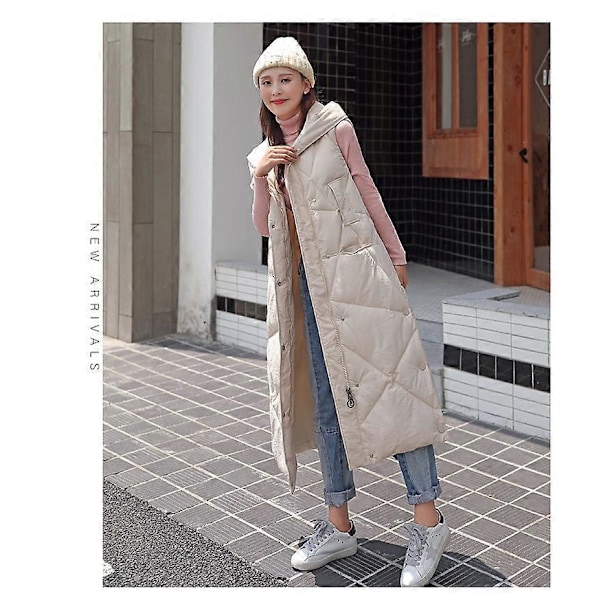 Lang quiltet damevest vinter dunvest overgangsvest vinterjakke lang vest vintervest letvægts varm quiltet afslappet lynlås puffer Ja LGL BEIGE XL
