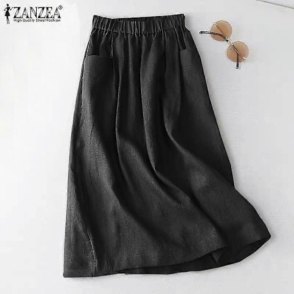 ZANZEA Dam Solid Färg Elastisk Midja Casual Bomull Långa Kjolar LGL beige M