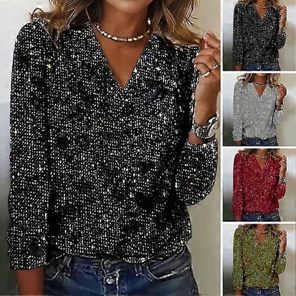 Dame Top Skinnende Pailletter V-Hals Lange Ærmer Løs Blød Pullover Ren Farve Åndbar Daglig Pendling Klub Fest Dame Bluse Skjorte LGL black XL