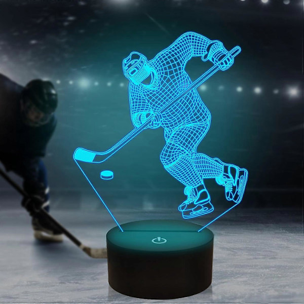 Hockey Natlampe, Ishockey Spiller 3D Illusion Lampe til Drengeværelse Dekoration med Fjernbetjening + Berøring 16 Farver Blinkende Skiftende Skrivebordslamper til Børn (LGL)