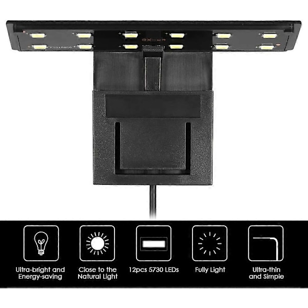 Ultra-tyndt Akvarium LED Lys Ultra Klart Clip-on Belysningslampe 12 LEDs til Akvarium Fisketank 5W (LGL)