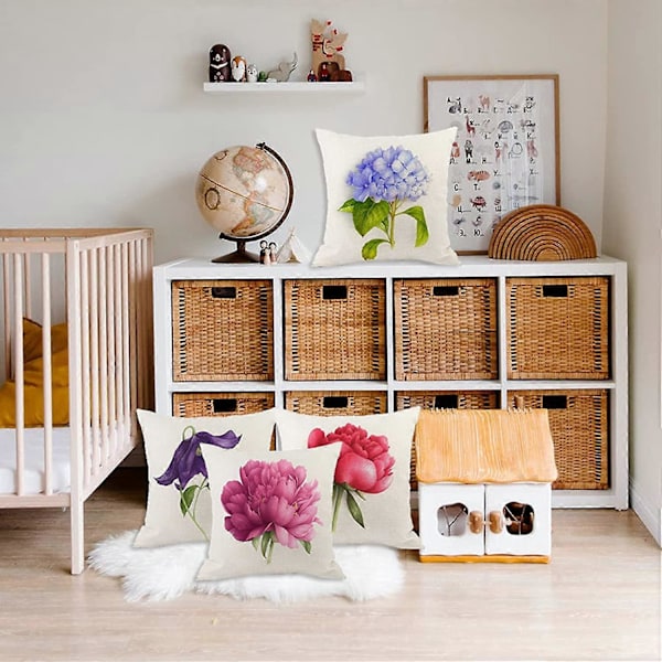 Tyynyliinan tyynynpäällinen setti 4 ulkokäyttöön pellavainen tyynynpäällinen kukkakuviolla koristeltu 45x45cm (LGL)