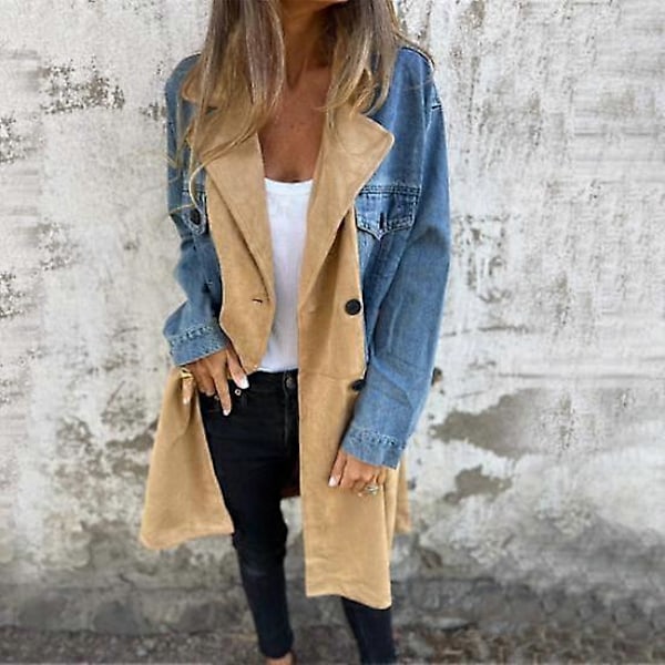 Dam Vår Höst Kappa Jeansjacka Överrock Patchwork Dubbelknäppt med Fickor Färgblock Mellanlång Dam Överrock LGL black S