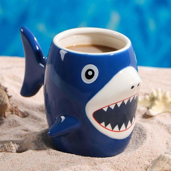 Shark Keramisk Kopp for Barn Gutter Jenter 450ml Varm Sjokolade Kakao Kaffe Te Krus Bursdagsgave Fest Keramisk Drikkekar LGL Blue