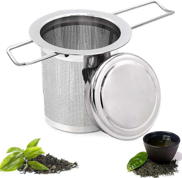Tefilter, tefilter i rustfritt stål, tesil, teinfuser tesil med lokk, finhullfilter, sammenleggbar (LGL)