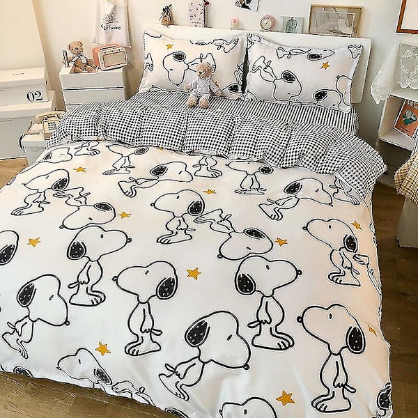 3/4-delt sett Kawaii Snoopy tegneserie bomullsdynetrekk ark putetrekk Anime behagelig myk husholdningssengetøy artikkel gaver 3piece set 150x200cm xiaochuju