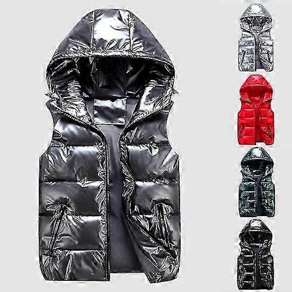 Dam Vinterväst Enfärgad Huva Varm Elastisk Fåll Fickor Klar Färg Quiltad Väst LGL black XL