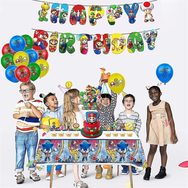 REMAKE Super Mario Grattis på födelsedagen Party Dekoration Ballong Set Girlang Banner Tårta Cupcake Toppers Set (LGL)