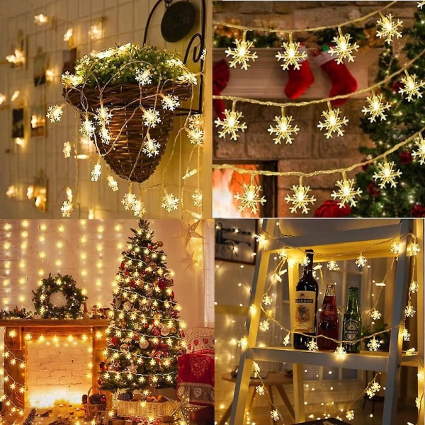 Innendørs julelys (varm hvit), 6m 40 LED snøfnugg lyslenke, innendørs og utendørs juledekorasjonslys