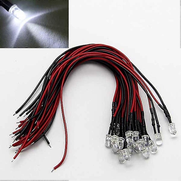 Pakke (20 pærer) 5 mm 12V DC Hvid LED Præ-kablet Rund Top Pære Lampe Til DIY Bil Båd Legetøj Dele (LGL)