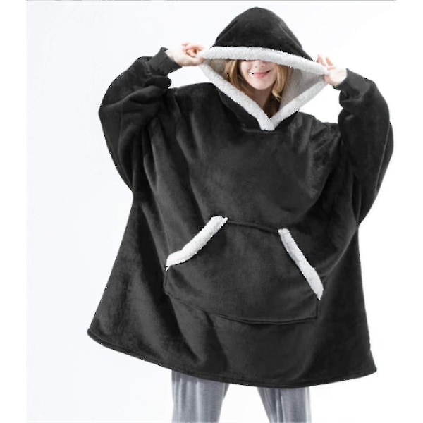 Genserteppe Oversized Hettegenser Brukbart Teppe Mykt Varmt Komfortabelt Stor Frontlomme LGL Black