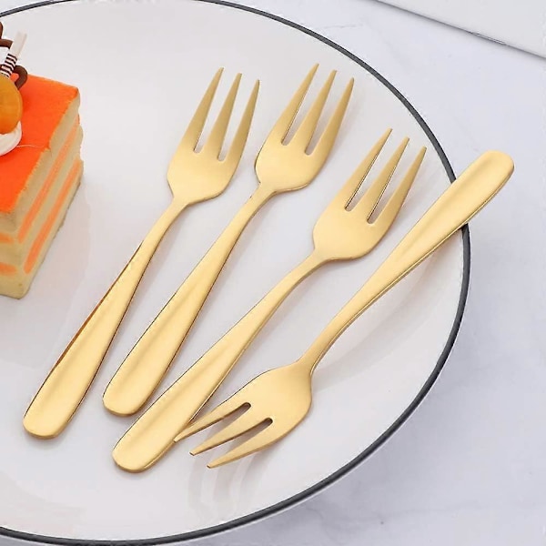 Kakegaffel i rustfritt stål med 3 tenner, fruktgaffel, 8-delt gullgaffelsett, speilpolert, perfekt for bryllup, fest, dessert (LGL)