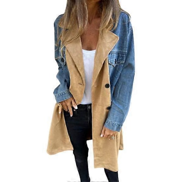 Dam Vår Höst Kappa Jeansjacka Överrock Patchwork Dubbelknäppt med Fickor Färgblock Mellanlång Dam Överrock LGL blue S