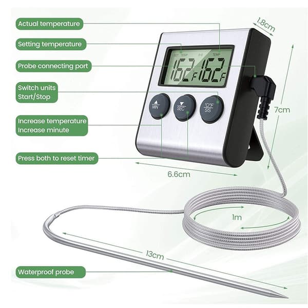 Digital grilltermometer med timer, perfekt för matlagning av kött och grillning. Ett paket (LGL)