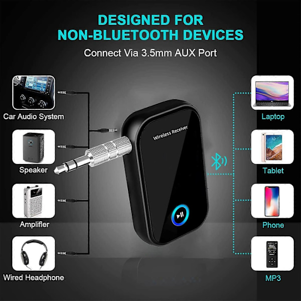 Bluetooth 5.0 Receiver Bil Bluetooth Adapter 3.5mm til Bil/Hjemme Stereo/Kablet Højttaler/Hovedtelefon (LGL)