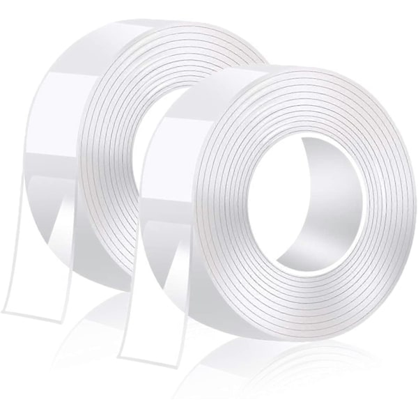 6M Dubbelhäftande TejpExtra Stark, Transparent Tvättbar Nanotejp, Halkfri Dubbelsidig Gel3M* 2 Rullar-2CMx1MM (LGL)