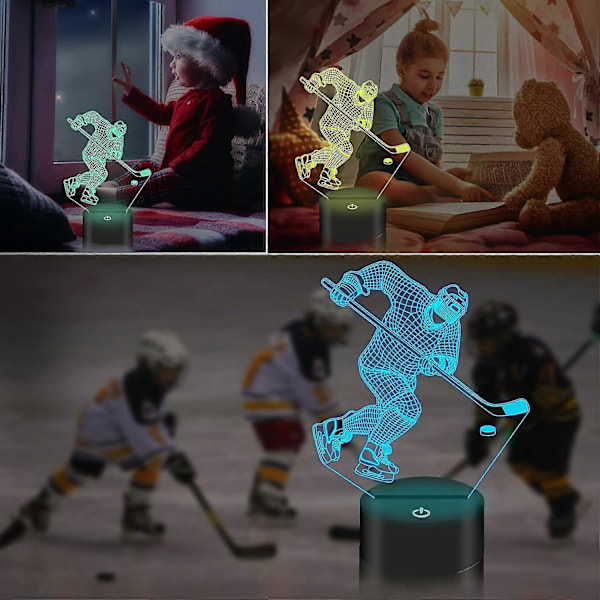 Hockey Nattlampa, Ishockey Spelare 3D Illusion Lampa för Pojkars Rum Dekoration med Fjärrkontroll + Touch 16 Färger Blinkande Växlande Skrivbordslampor för Barn (LGL)