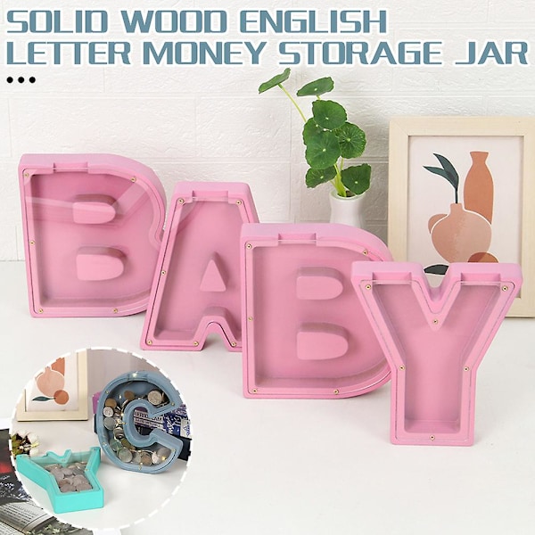 Sparebøsse i massivt tre med engelske bokstaver, dekorativt ornament for hjemmesoverom LGL D