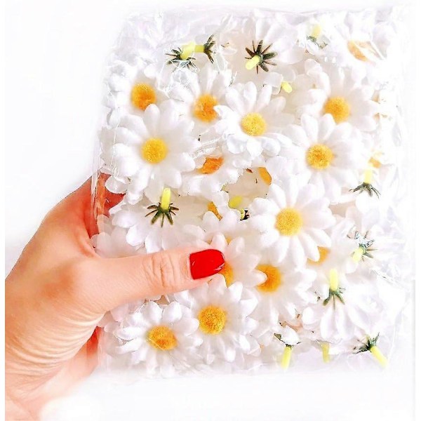 100x Hvide Kunstige Tusindfryd Stof Blomsterhoveder til Håndværk Bordpynt Konfetti til Fest Bryllup Scrapbooking Tilbehør (LGL)