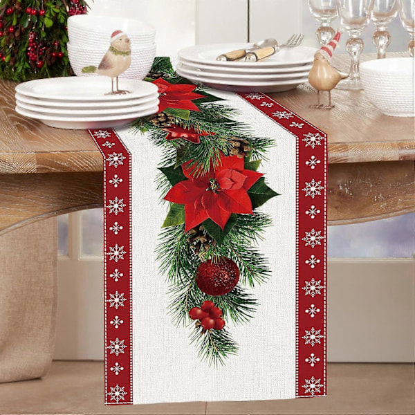 Akvarell Julestjerne Rød Julebordløper med Hvit Snøfnugg, Sesongbasert Vinter Julefest Dekorasjon Høytid 33 x 183 cm (LGL)