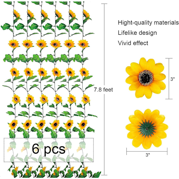 6-delad konstgjord solrosgirlang, konstgjord blomdekor, konstgjord blomgirlang konstgjord flöde [GGL]