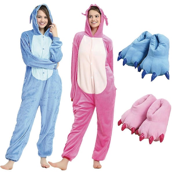 Stich Onesie Pyjamas för Vuxna Anime Stitch Angel Söt Kostym Jumpsuit Onesies Hooded Sovkläder Halloween Cosplay för Män Kvinnor LGL Blue Onesie L suits 157-165cm