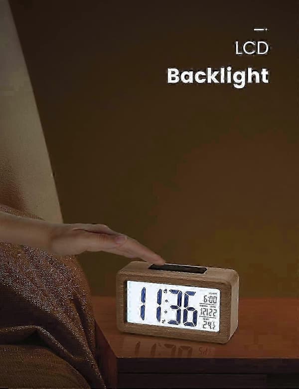 Digitalt Vækkeur i Træ, LCD-Display med Temperatur, Snooze, Sensorlys (LGL)