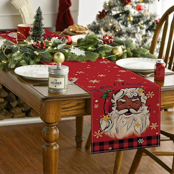 God Jul Svart Julenisse Bordløper, Jule Snøflak Rød Buffalo Plaid Sjekk Kjøkken Spisebord Dekor, 13 x 72 Tommer (LGL)