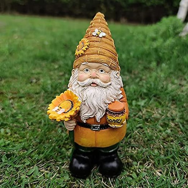 1 stk. Gnome Utendørs Hagestatue Resin Hageskulptur Vanntett Hagefigur for Dekorasjon (Bieholder med Solsikke, 7,5x7x15,5cm) (LGL)