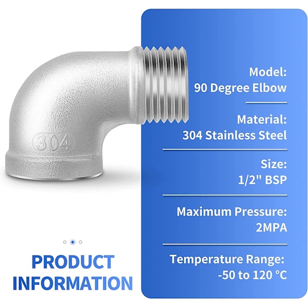 2 kpl 304 ruostumattomasta teräksestä valmistettuja 90 asteen kulmakappaleita, 1/2\" uros - 1/2\" naaras BSP-putkiliittimet (LGL)