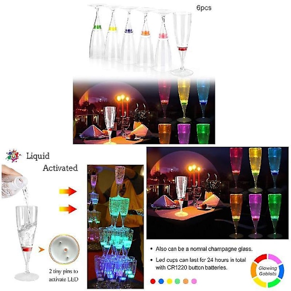 6 st LED Vin Champagne Glas Vatten Vätskeaktiverade Blinkande Lysande Muggar LGL
