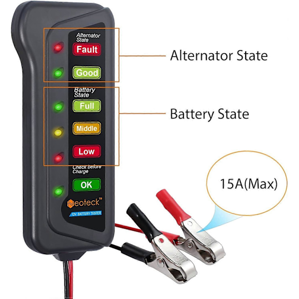 12V Batteritestare 6 LED-lampor Bilbatteritestare 12V Generator Batterianalysator för Bil Motorcykel (LGL)