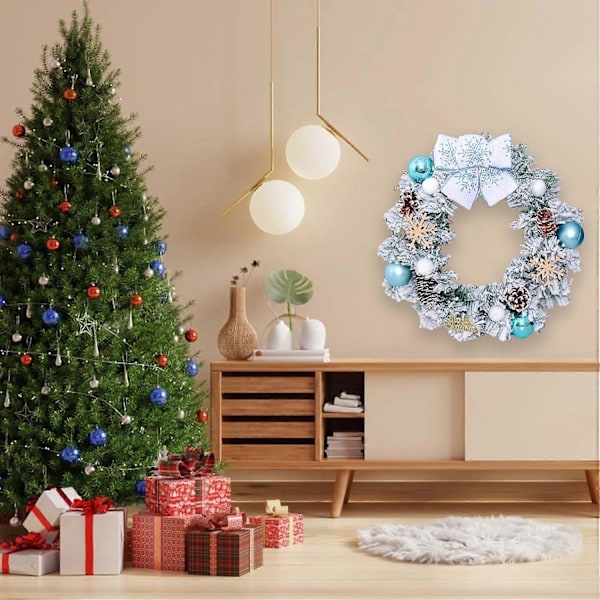 15,7\" Förbelyst Julkrans med Snöflingor, Kulor, Rosett och Kottar. Belysta Snöflinge-julkransar för Ytterdörr (Blå) (LGL)