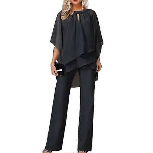 2 kpl/setti Naisten asu Ontto kaula-aukko Epäsäännöllinen puolihiha O-toppi Housut Kerrostettu helma Toppi LGL black XL