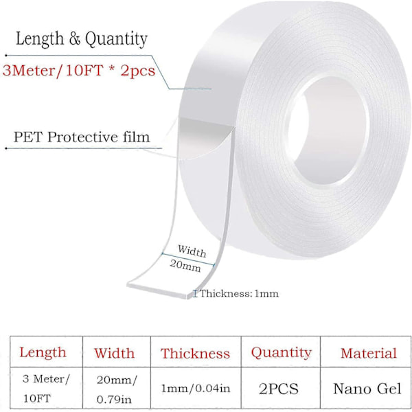 6M Dubbelhäftande TejpExtra Stark, Transparent Tvättbar Nanotejp, Halkfri Dubbelsidig Gel3M* 2 Rullar-2CMx1MM (LGL)