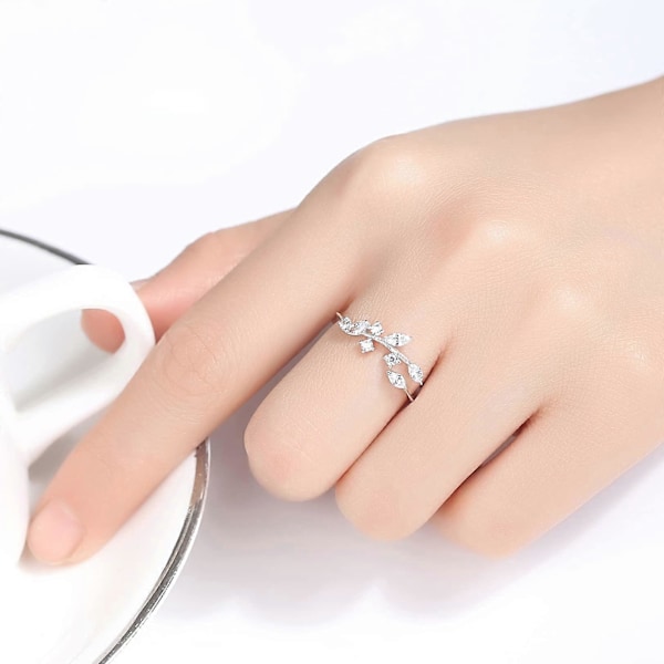 Sterling Sølv Ringe - S925 Sølv Justerbare Åbne Olivenblad Ringe med Cubic Zirconia Piger Kvinder Smykker Gaver (LGL)