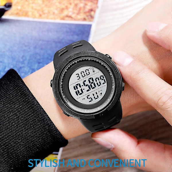 Digitalt Temperatur Sportsklokke for Tenåringer Tid Dato Uke Visning Alarm Klokke Bakgrunnsbelysning 5ATM Vanntett Mote Klokker Studenter Barn Wr LGL Black and White