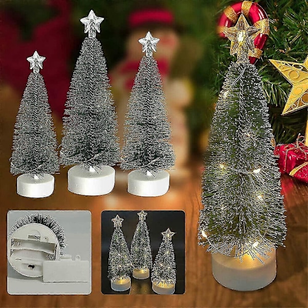 Miniatyr julgran i cederträ med LED-lampor, 3-pack julgran dekorativ nattlampa